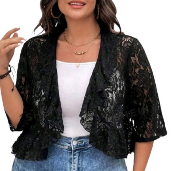 PRETTY ☆ MIDNITE BLACK ☆ RUFFLED ☆ FLORAL LACE  SHRUG ☆ NWT - Picture 4 of 8
